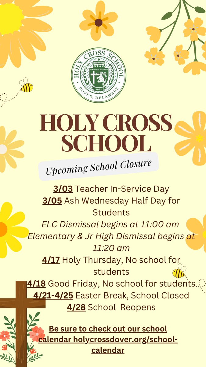 HolyCross_Dover's tweet photo. A reminder for next week......please note the dismissal times for Ash Wednesday! 
#crusaderproud https://t.co/fZFbbAas91