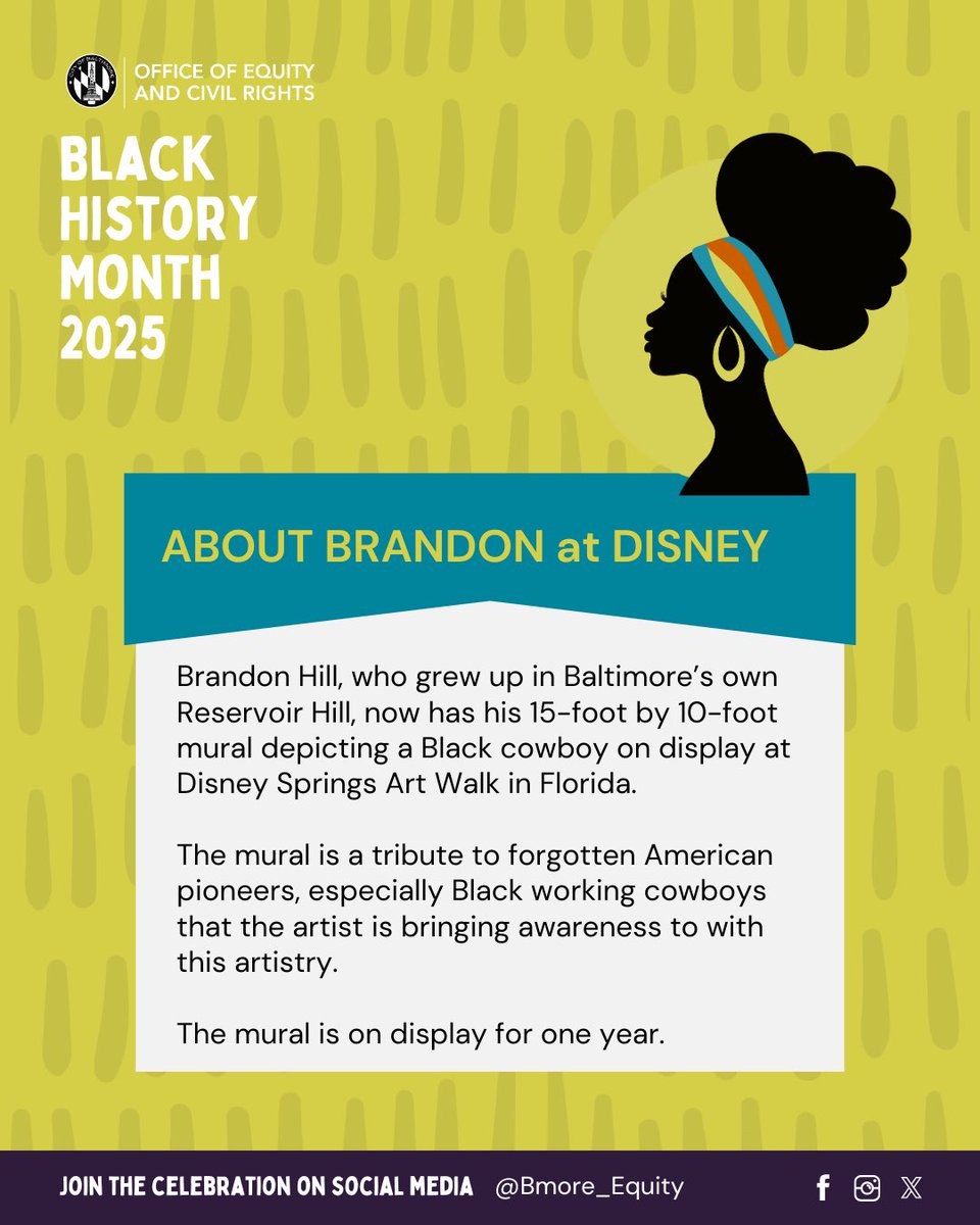 Way to go, Brandon! 

Brandon Hill, from Baltimore’s Reservoir Hill, is now a featured muralist in Disney World.

His latest mural, depicting a cowboy, shows homage to Black cowboys that are often erased from American history. 

#OECRBlackHistoryMonth #BaltimoreCity