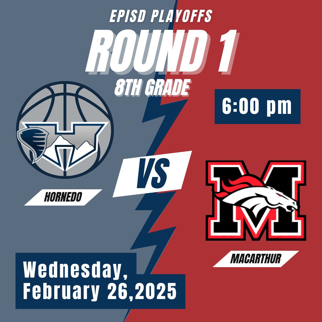 Head out to Austin HS tonight to check out your 8th Hornedo 🏀 Boys as they take on MacArthur tonight at 6:00 pm in Round 1 of the EPISD Playoffs. Let's gooooo!