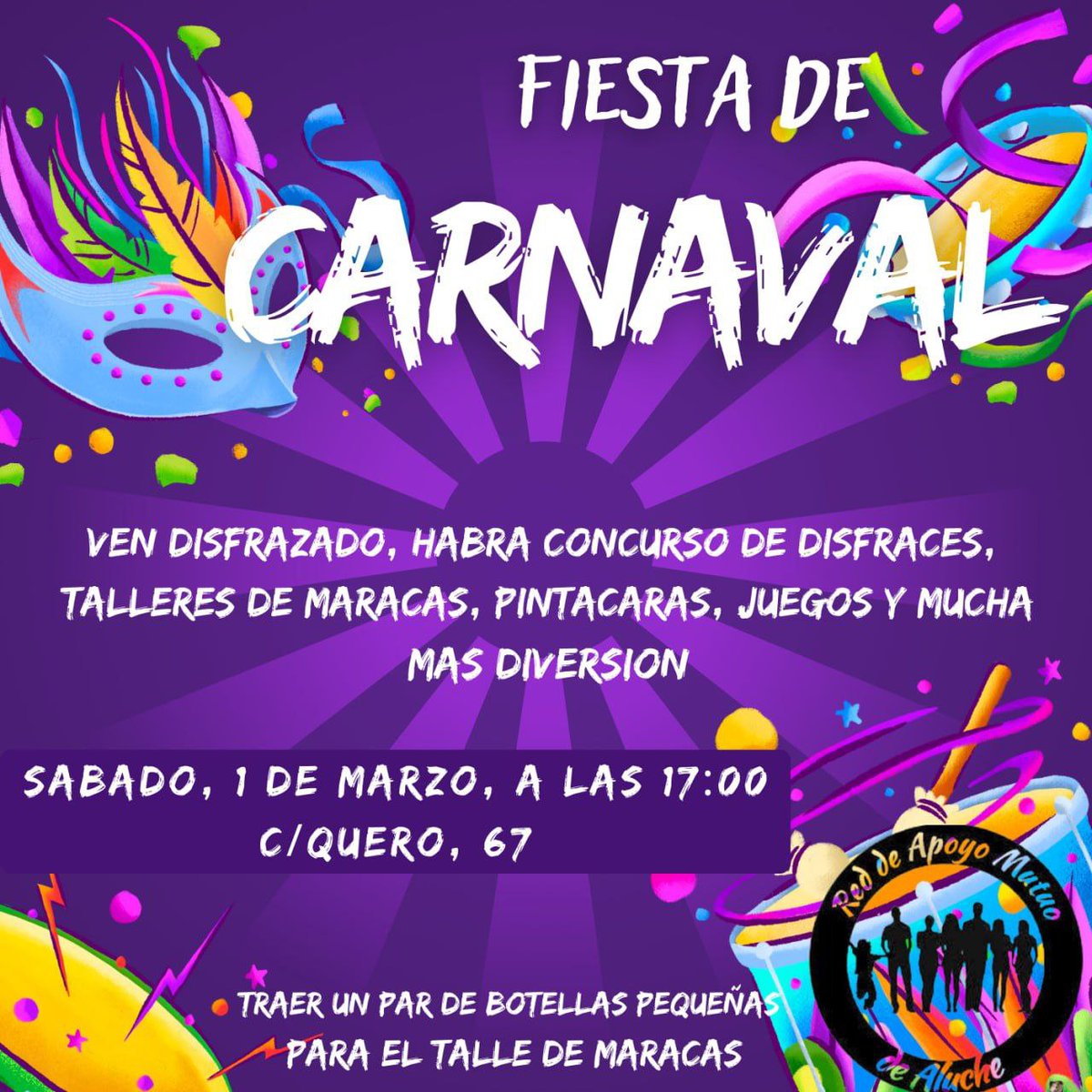 Te esperamos en nuestra fiesta de carnavales el próximo 1 de marzo desde las 5 de la tarde. Si vienes disfrazado podrás participar en nuestro concurso y si no te podrás pintar la cara o hacer una máscara.
