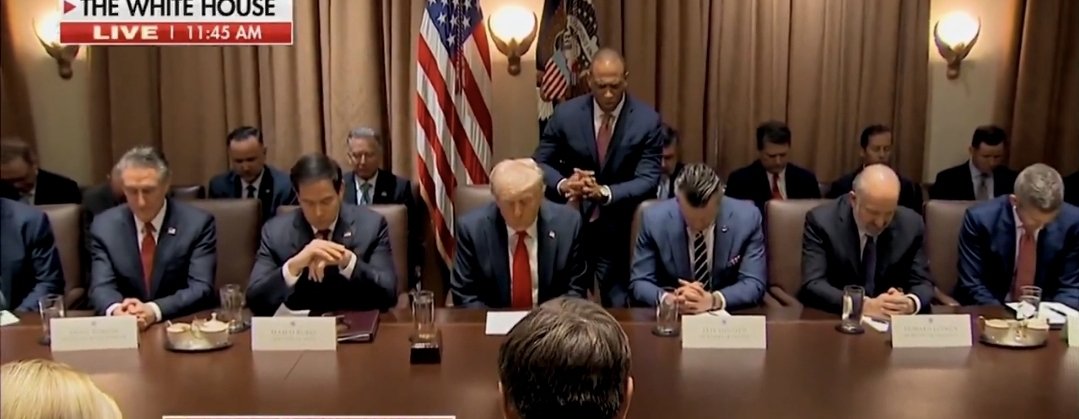 brianhegseth's tweet photo. President Trump's first #Cabinet meeting this morning; begins with earnest prayer led by HUD Secretary Scott Turner. #asitshouldbe #inGodwetrust https://t.co/SjOE0Emkou
