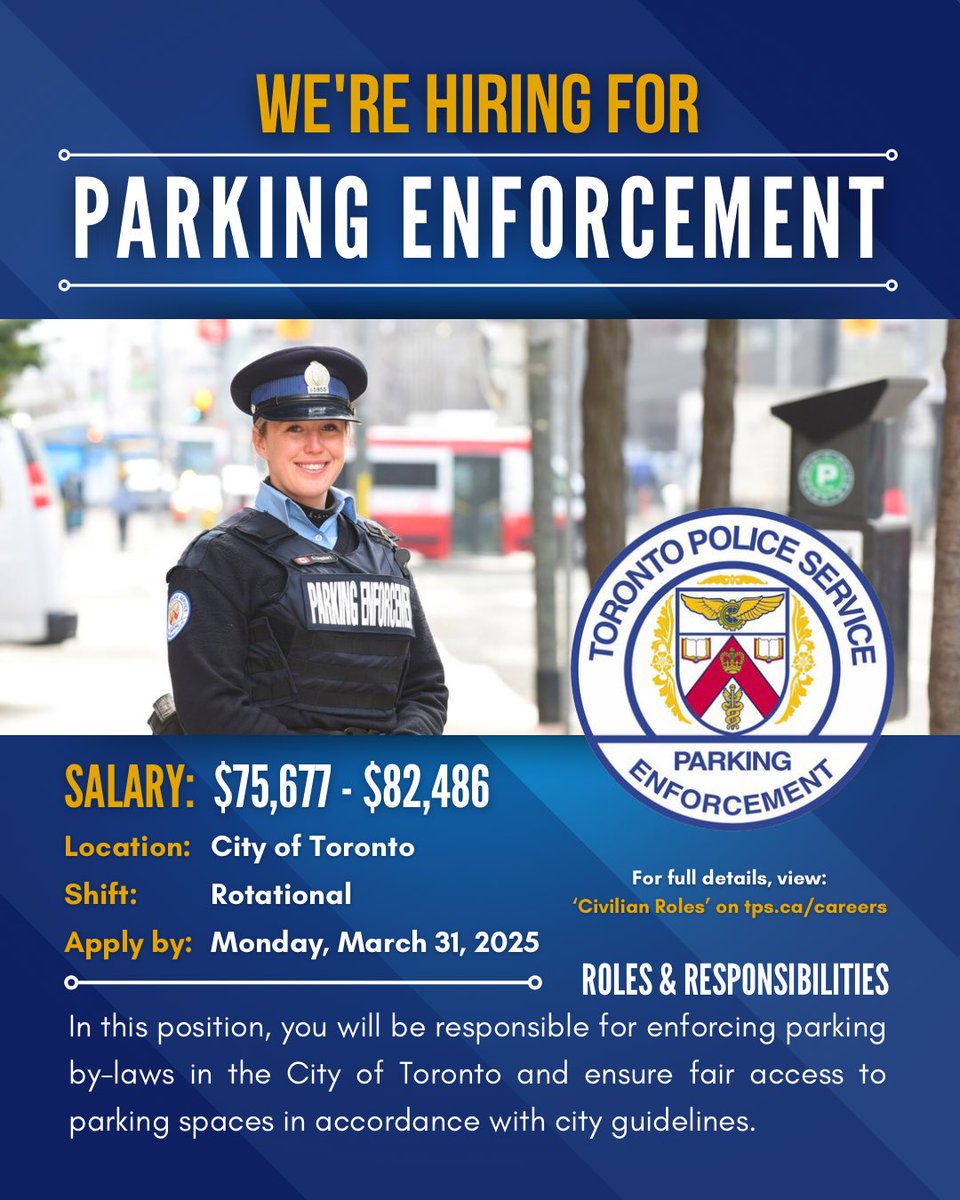 The Parking Enforcement Unit contributes to the overall safety and security of the people of Toronto by focusing on the Toronto Police Service traffic safety priorities. Want to join our team? Apply NOW on tps.ca/careers under ‘Civilian Roles’!