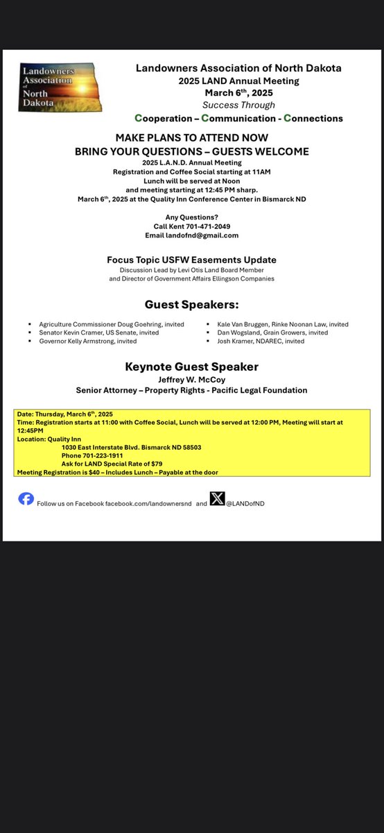 I strongly encourage all farmers in North Dakota affected by US Fish and wildlife easements please attend the land owners meeting in Bismarck march 6th at noon. We need our voices to be heard. Please attend.