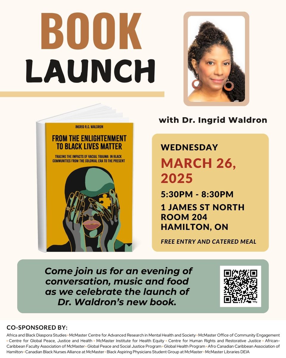 arms_mcmaster's tweet image. 📚 Join us for the launch of Dr. Ingrid Waldron’s new book, From the Enlightenment to Black Lives Matter. 📚
·
📅 When: Wednesday, March 26, 2025 (new rescheduled date)
⏰ Time: 5:30–8:30 PM
📍 Where: 1 James St N, Room 204, Hamilton
·
Register now: bit.ly/3EQcYO8