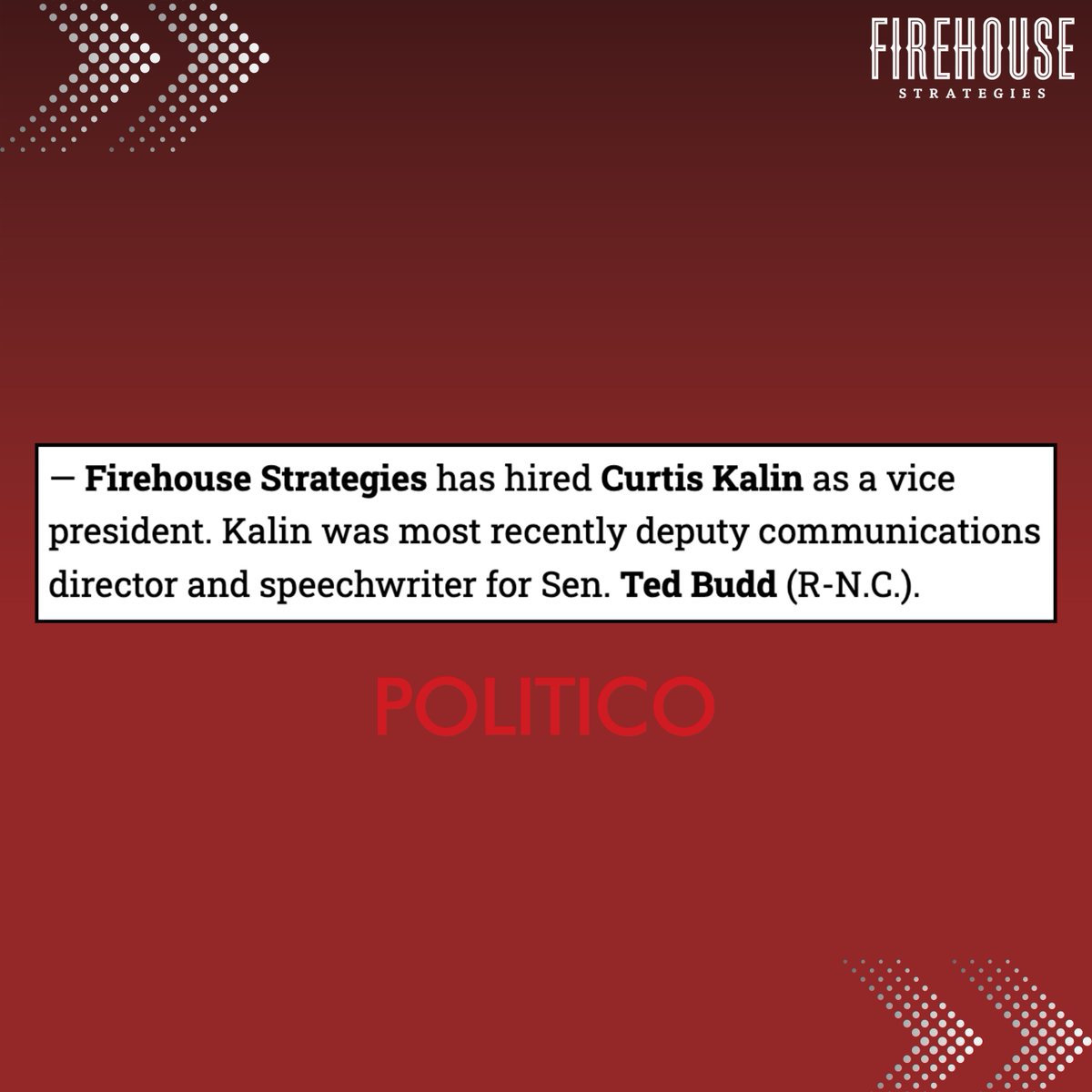 Exciting news via <a href="/politico/">POLITICO</a> Influence: We're thrilled to share that <a href="/CurtisKalin/">Curtis Kalin</a> has joined Firehouse as a vice president. Welcome to the team, Curtis!