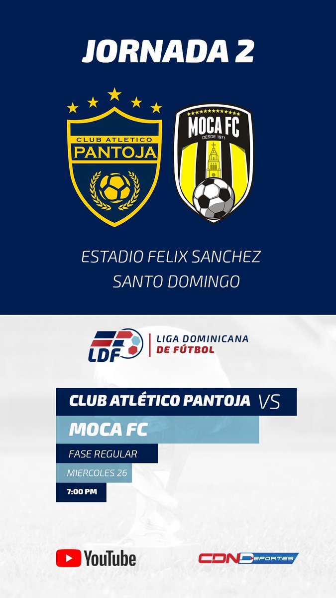 ¡Todo listo para los encuentros de esta tarde! ⚽ 

Hoy a las 6:00 PM <a href="/AtleticoSanCri/">Atlético San Cristóbal</a> se enfrenta a Salcedo FC en el estadio Panamericano y a las 7:00 PM, <a href="/atleticopantoja/">Club Atlético Pantoja</a> se mide contra <a href="/mocafcc/">MOCAFC</a> en el estadio Félix Sánchez. ¡No te pierdas ningún partido! ⚽️🙌🏻

#ldf #Ldf2025