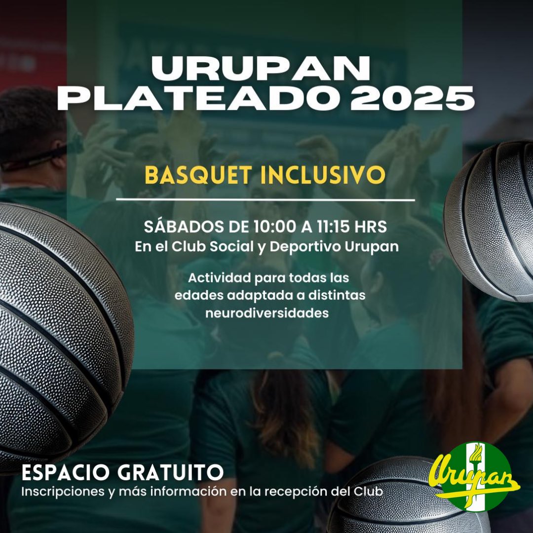🏀 ¡Este 8 de marzo vuelve Urupan Plateado! 🏀

Te invitamos a sumarte al equipo de básquet para todos, un espacio pensado para todas las edades y adaptado a distintas neurodiversidades.

📅 Sábados
🕙 10:00 a 11:15 hrs
📍 Club Social y Deportivo Urupan
⚡ Espacio gratuito