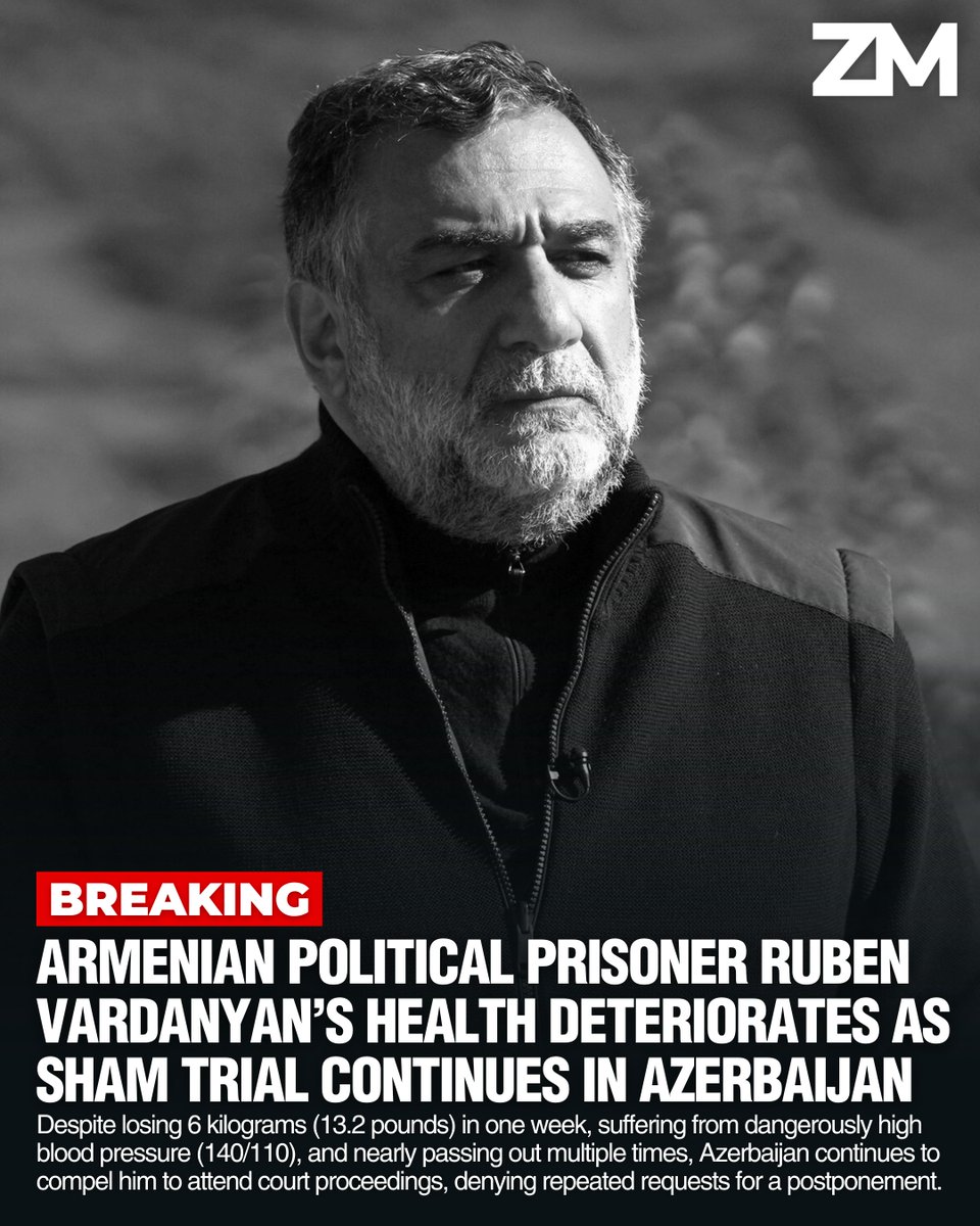 BREAKING: Armenian Political Prisoner Ruben Vardanyan’s Health Deteriorates as Sham Trial Continues in Azerbaijan
➖➖➖
Today, on February 26, 2025, one week after launching a hunger strike to protest his sham trial, Armenian-Christian political prisoner Ruben Vardanyan’s health