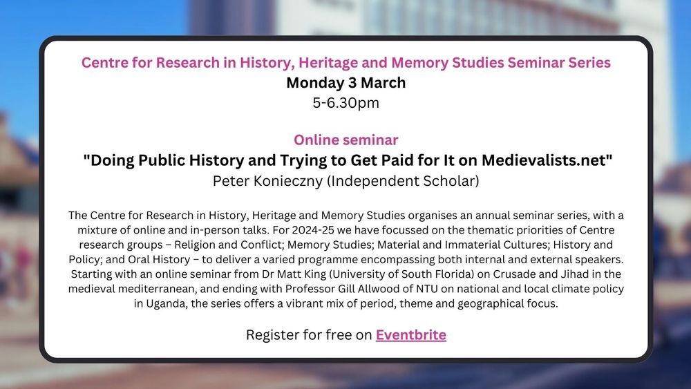 I'm doing a talk this Monday about doing Public History (and trying to Get Paid for it) with <a href="/CRHHMS/">CRHHMS at NTU</a> at Nottingham Trent University. You can watch online -sign up at eventbrite.co.uk/e/crhhms-doing… #publichistory  #historians #history