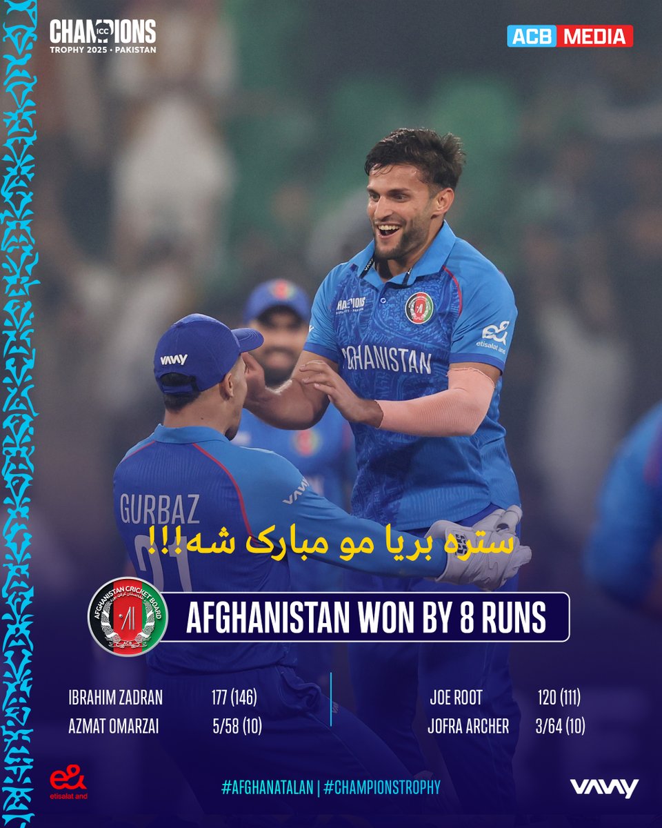 ACBofficials's tweet photo. 𝐀𝐅𝐆𝐇𝐀𝐍𝐈𝐒𝐓𝐀𝐍 𝐁𝐄𝐀𝐓 𝐄𝐍𝐆𝐋𝐀𝐍𝐃! 🙌

Afghanistan has successfully defended their total and defeated England by 8 runs to register their first-ever victory in the ICC Champions Trophy. 🤩

This marks Afghanistan's second consecutive victory over England in ICC tournaments.👏👏

#AfghanAtalan | #ChampionsTrophy | #AFGvENG | #GloriousNationVictoriousTeam