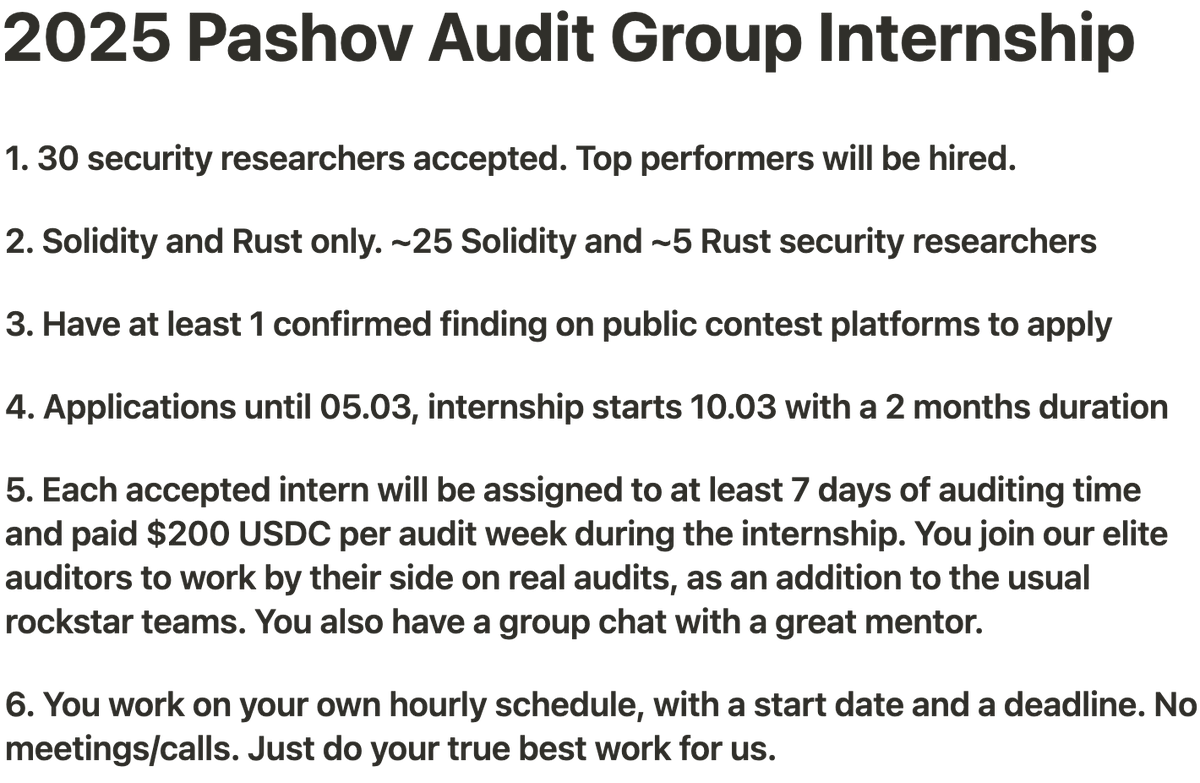 The 2025 Pashov Audit Group security researcher internship program is now official. This is not for 1st day beginners - real projects, real audits, pure practice. 

Like/RT this post, then apply in the form in first comment for a chance to join us🫡