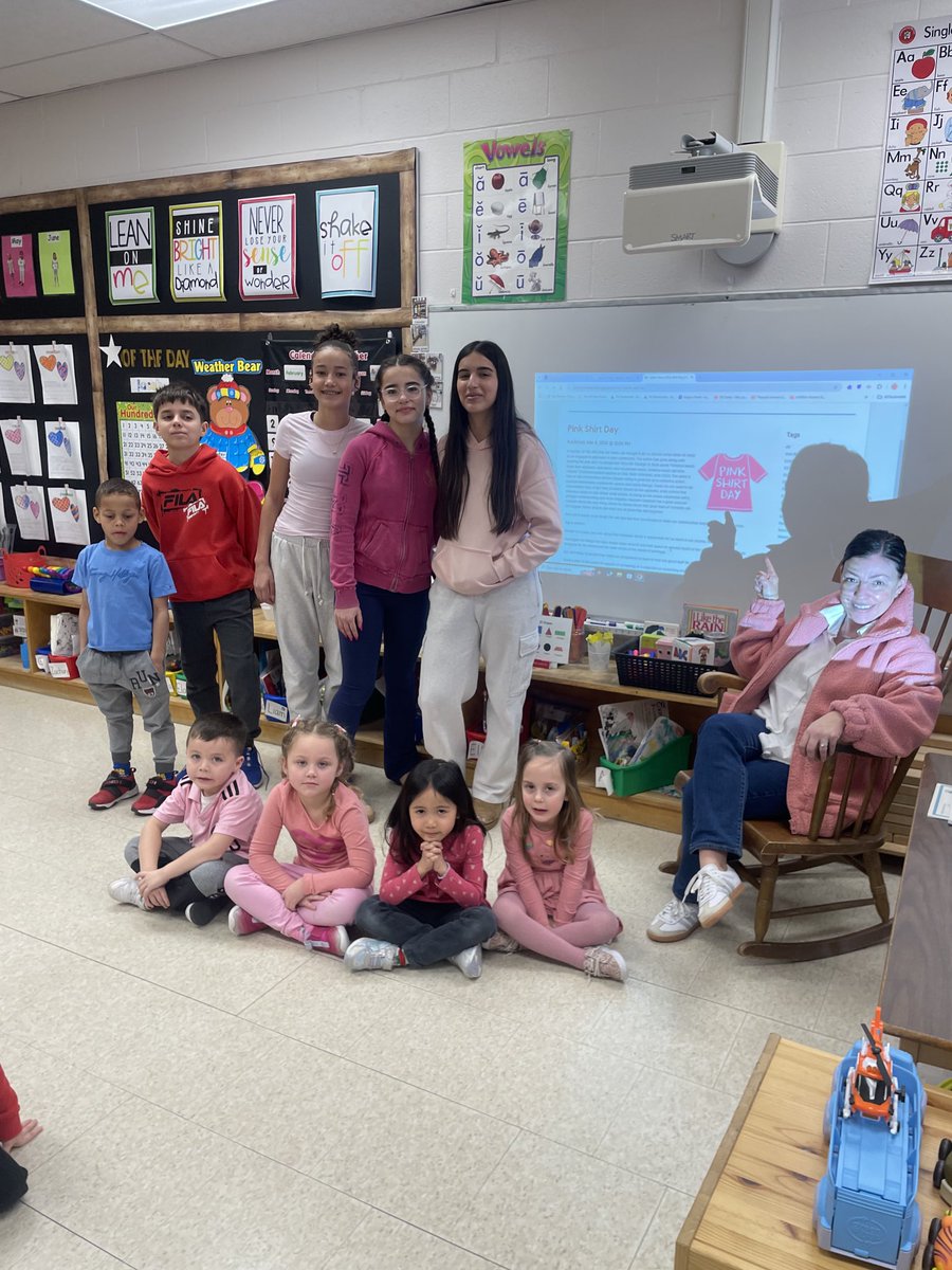 St Basil Gr 7/8 Ambassadors spreading the message of Kindness in classrooms today on Pink Shirt Day!