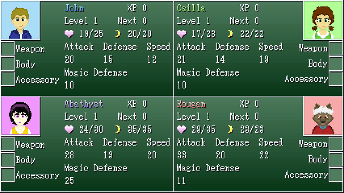 lunabillygame's tweet photo. Been really hard at work this month putting together a menu from scratch! Here's a little item menu preview. Also a Stats and Equip menu. #gamedev #indiedev #rm2k3 #rpgmaker #pixelart #menusystem https://t.co/EoMRKJ6M54