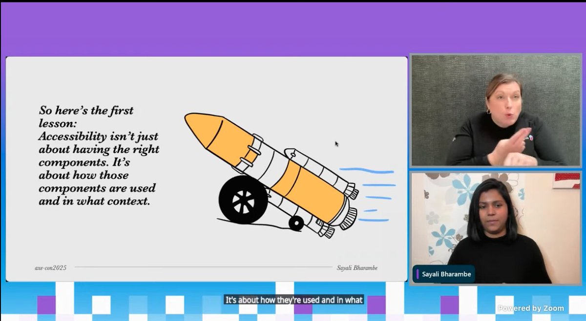 "Accessibility isn't just about having the right component. It's about how they are used and in what context. You can't put wheels on a rocket and expect it to fly." -Sayali Bharambe, Experience Designer, Deutsche Telekom deque.com/axe-con/sessio… #axecon