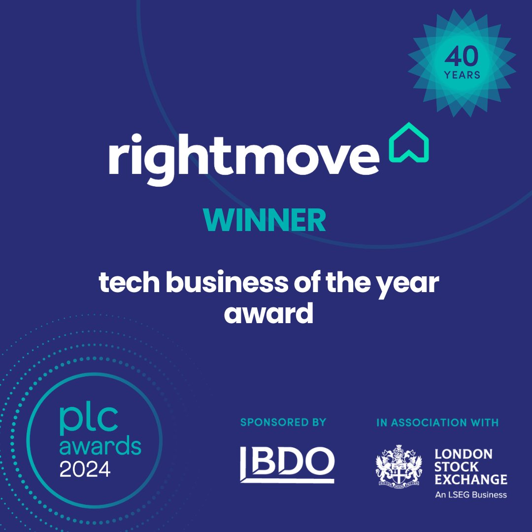 A huge round of applause for the winner of tonight's tech business of the year award, sponsored by RMS Partners Limited... <a href="/rightmove/">Rightmove</a> ! A very well deserved win for the team #plcawards #winner #plcis40