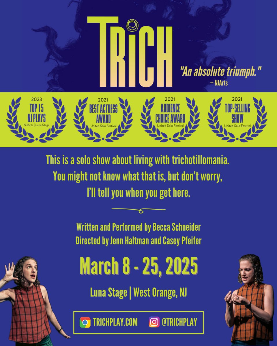 TLC-BFRB (@tlcbfrb) on Twitter photo TRICH: a solo show will be returning to <a href="/luna/">Luna Nyberg</a>.stage for a three-week run in March 8-25, 2025!
Tickets are on sale now! ๐ trichplay.com/tickets TRICH: a solo show will be returning to <a href="/luna/">Luna Nyberg</a>.stage for a three-week run in March 8-25, 2025!
Tickets are on sale now! ๐ trichplay.com/tickets