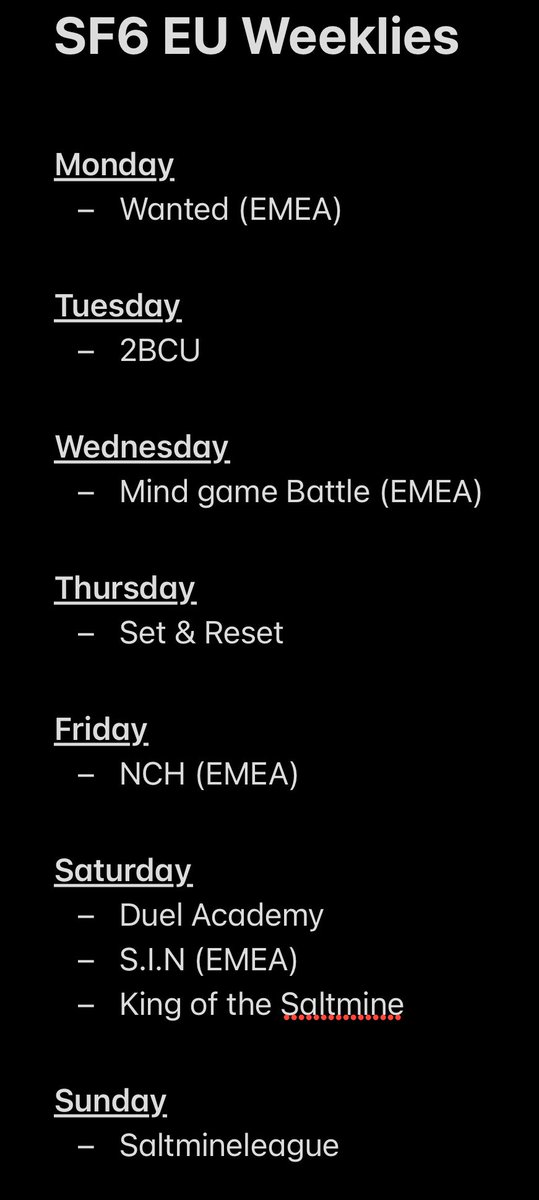 I get asked a lot about SF6 weeklies in EU.

Let's promote those commited weeklies and their TO's to get the numbers they deserve!

If yours isn't listed fill free to plug yours in the replies.
🙏

Links to the discords will be in the thread below. 👇