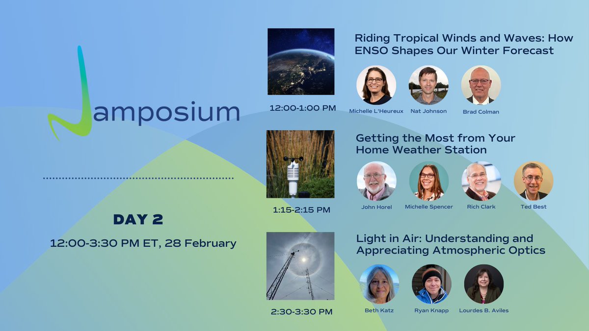 AMS Weather Band (@amswxband) on Twitter photo Tomorrow marks the beginning of our 2025 #AMSJamposium event!
If you haven't heard of our annual event, it is a free, two-day panel discussion highlighting a range of topics, featuring experts from <a href="/MWObs/">Mount Washington Observatory (MWOBS)</a>, <a href="/UofUATMOS/">U of U Atmospheric Sciences</a>, <a href="/NWSNorman/">NWS Norman</a>, and more.
Learn more: bit.ly/3HQXxmK Tomorrow marks the beginning of our 2025 #AMSJamposium event!
If you haven't heard of our annual event, it is a free, two-day panel discussion highlighting a range of topics, featuring experts from <a href="/MWObs/">Mount Washington Observatory (MWOBS)</a>, <a href="/UofUATMOS/">U of U Atmospheric Sciences</a>, <a href="/NWSNorman/">NWS Norman</a>, and more.
Learn more: bit.ly/3HQXxmK