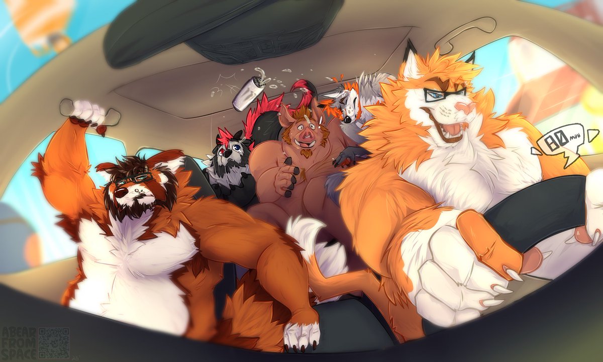 Tmw hes going 80 in a construction zone and hits a pothole 😒😒 

Fun memory tho im sure 🤭 

Illustration commission for @/hypercat.me on bsky and his poly babes