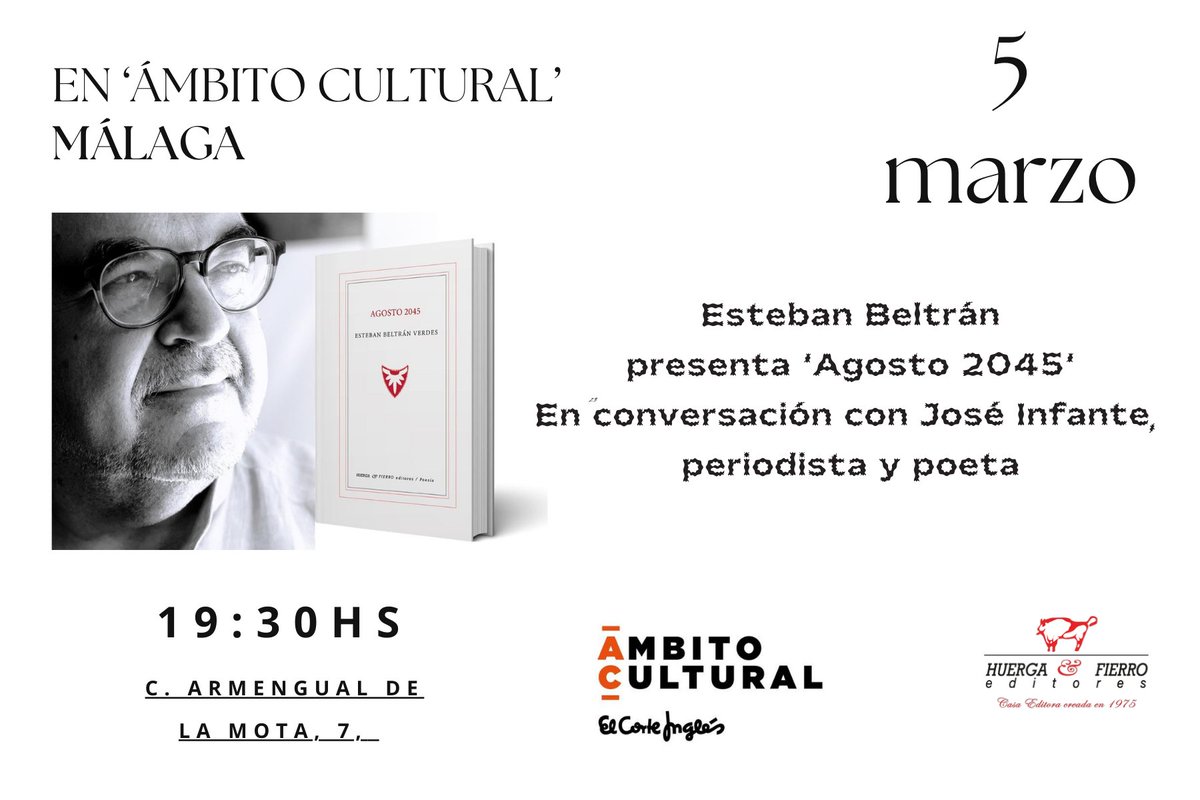 'Agosto 2045' continúa incansable su camino, para recalar en Málaga el próximo miércoles 5 de marzo. 

Como siempre, si vives por la zona, no dejes de acercarte. ¡Merece la pena!

#poesía #huergayfierro #unarayuelalírica #unlibropoliédrico