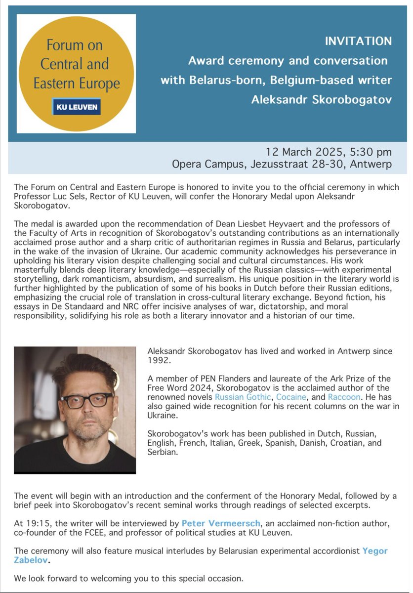 You Are Cordially Invited: Awarding of the KU Leuven Honorary Medal to Author and Writer Aleksandr Skorobogatov

Reservation (before March 2): arts.kuleuven.be/formulieren/er…