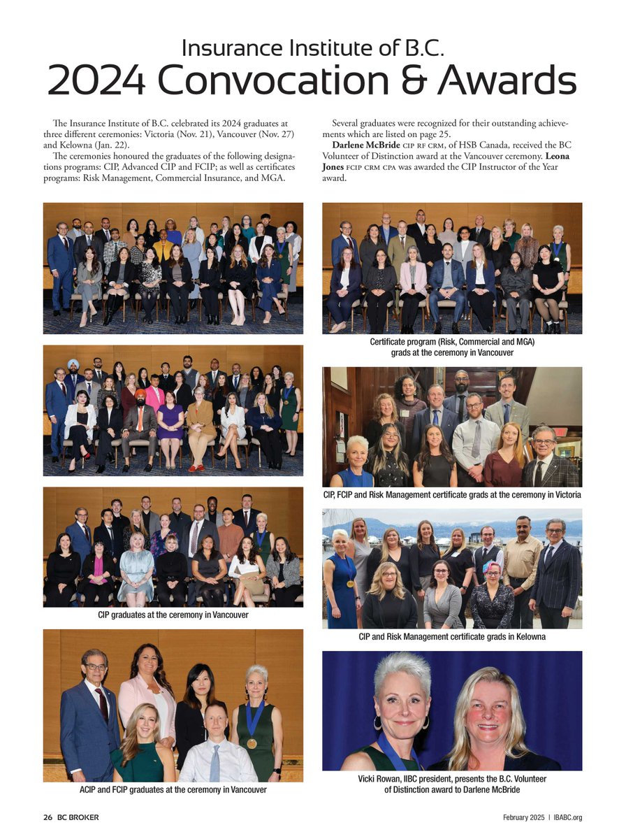 The Insurance Institute of B.C. celebrated its 2024 graduates at three different ceremonies: Victoria (Nov. 21), Vancouver (Nov. 27) and Kelowna (Jan. 22).

bcbroker.texterity.com/bcbroker/libra…

#BCBrokers