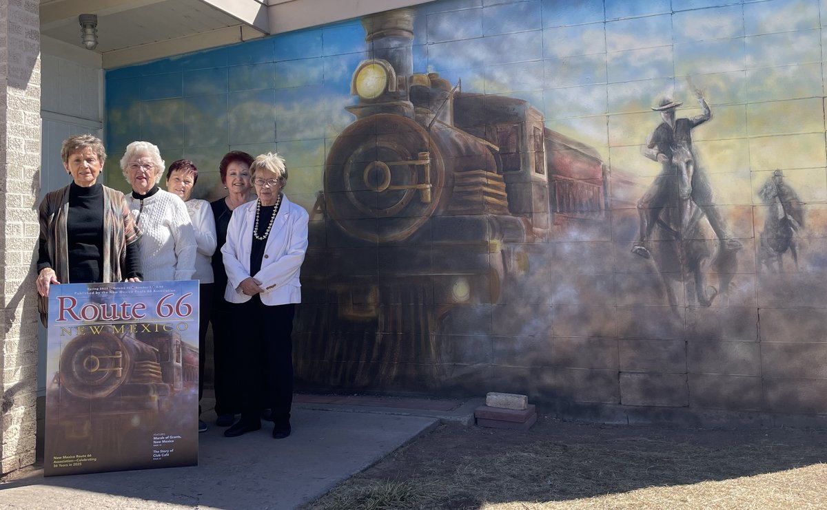 NMRoute66Assn's tweet image. Cibola County Historical Society members stand next to their mural featured on the cover of the #BrandNew Spring issue of "New Mexico Route 66 Magazine" in Grants, New Mexico! Get your copy by becoming a member of the Association at RT66NM.org!