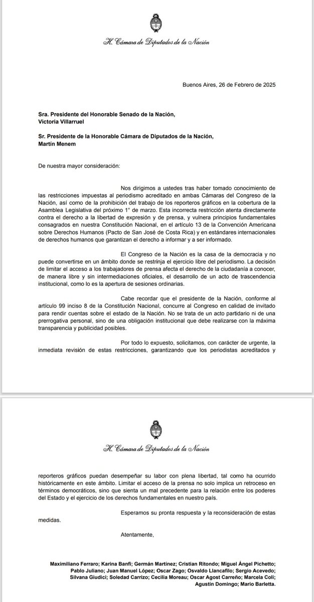 🚨 Diputados del PRO y de prácticamente todo el arco opositor presentaron una nota ante Menem y Villarruel para que revean las restricciones a la prensa en la Asamblea Legislativa. El FIT sumará otra nota propia. El documento y sus firmantes 👇