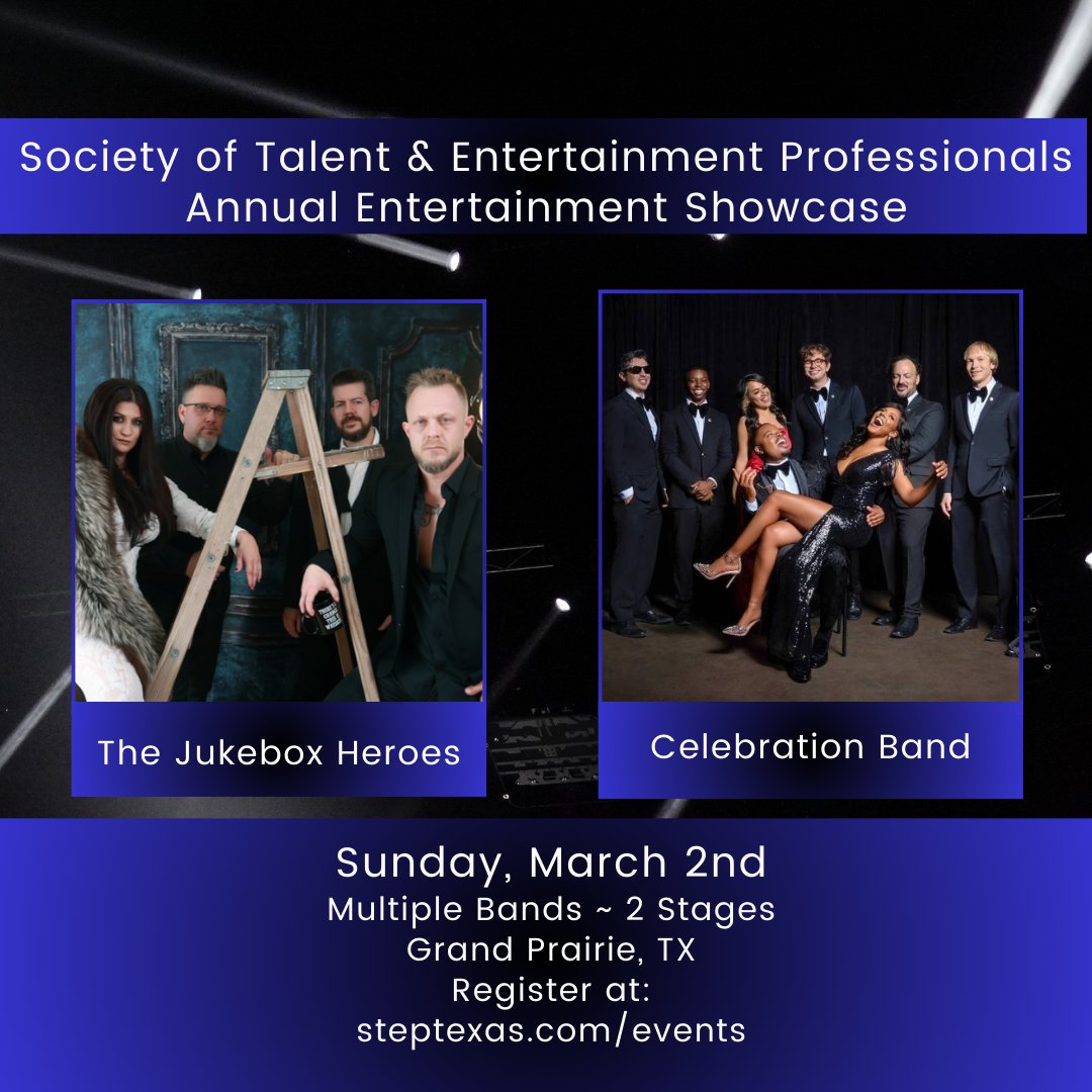 STEPROCKS's tweet image. Sunday, March 2nd!
Showcase Lineup continues with:
The Celebration Band–Nonstop, high-energy dance party packed with crowd interaction &amp;amp; fun! 
The Jukebox Heroes–Powerhouse mix of Top 40 Country, 80s Rock, 70s Classics &amp;amp; Dance Hits! 
 steptexas.com/events #STEP2025