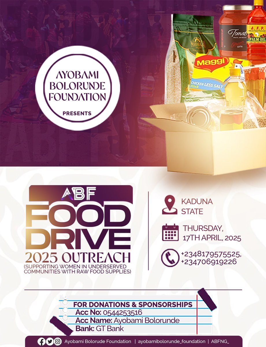 SpontaneousBam's tweet photo. Guys!! @ABFNG_ is putting together a project tagged #NorishHer, we are looking forward to give as many women as possible food items, we aim to reach out to 100 women in Kaduna state, Nigeria. 
#NorishHer https://t.co/xuCj3tGwpB