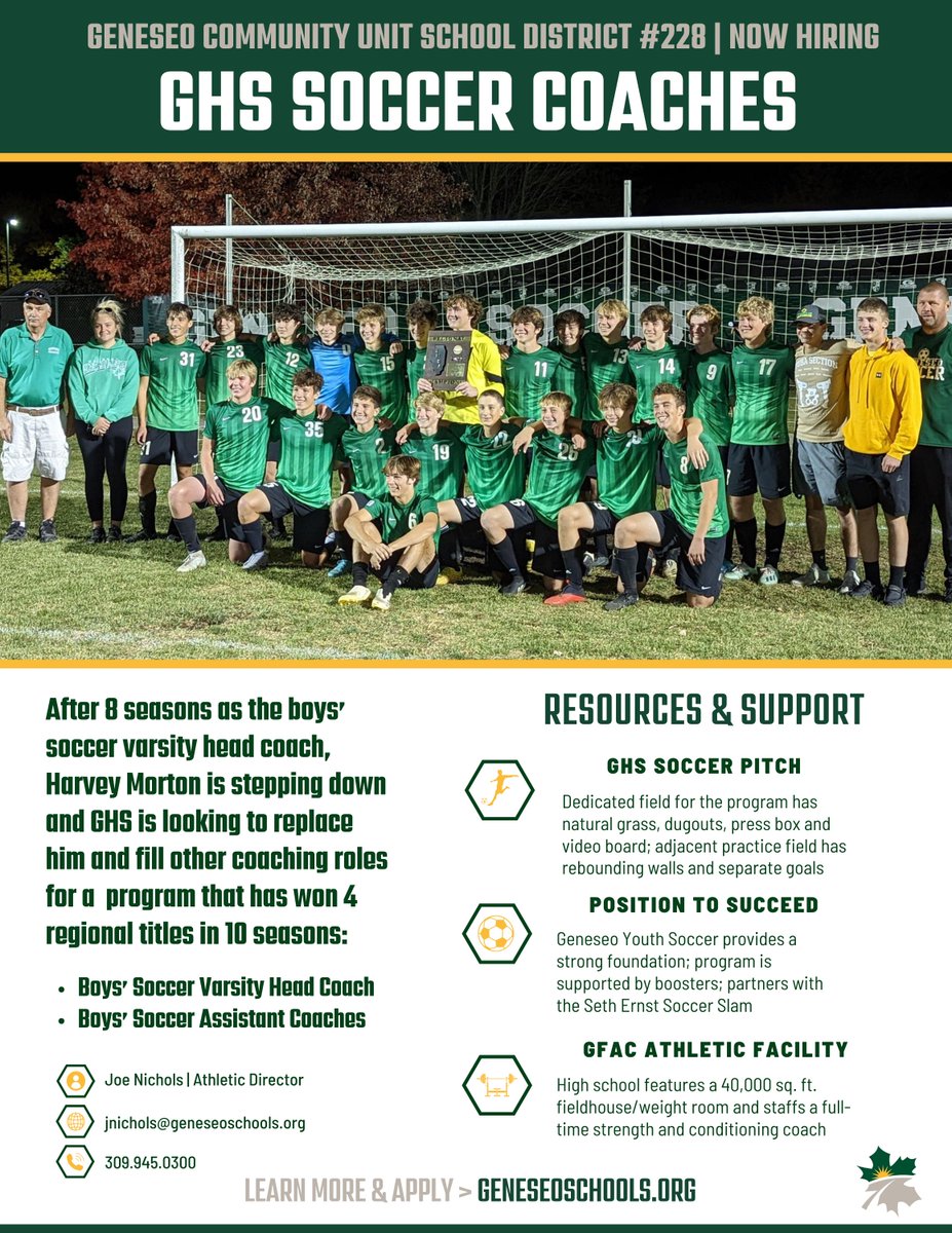 Geneseo Schools (@geneseodist228) on Twitter photo After eight seasons, Harvey Morton is stepping down as the boys' soccer varsity head coach. Geneseo High School and <a href="/athleticsGHS/">Geneseo Athletics</a> will now look to replace Coach Morton and fill other coaching roles for the 2025-26 school year. Learn more: geneseoschools.org/article/2053671 After eight seasons, Harvey Morton is stepping down as the boys' soccer varsity head coach. Geneseo High School and <a href="/athleticsGHS/">Geneseo Athletics</a> will now look to replace Coach Morton and fill other coaching roles for the 2025-26 school year. Learn more: geneseoschools.org/article/2053671