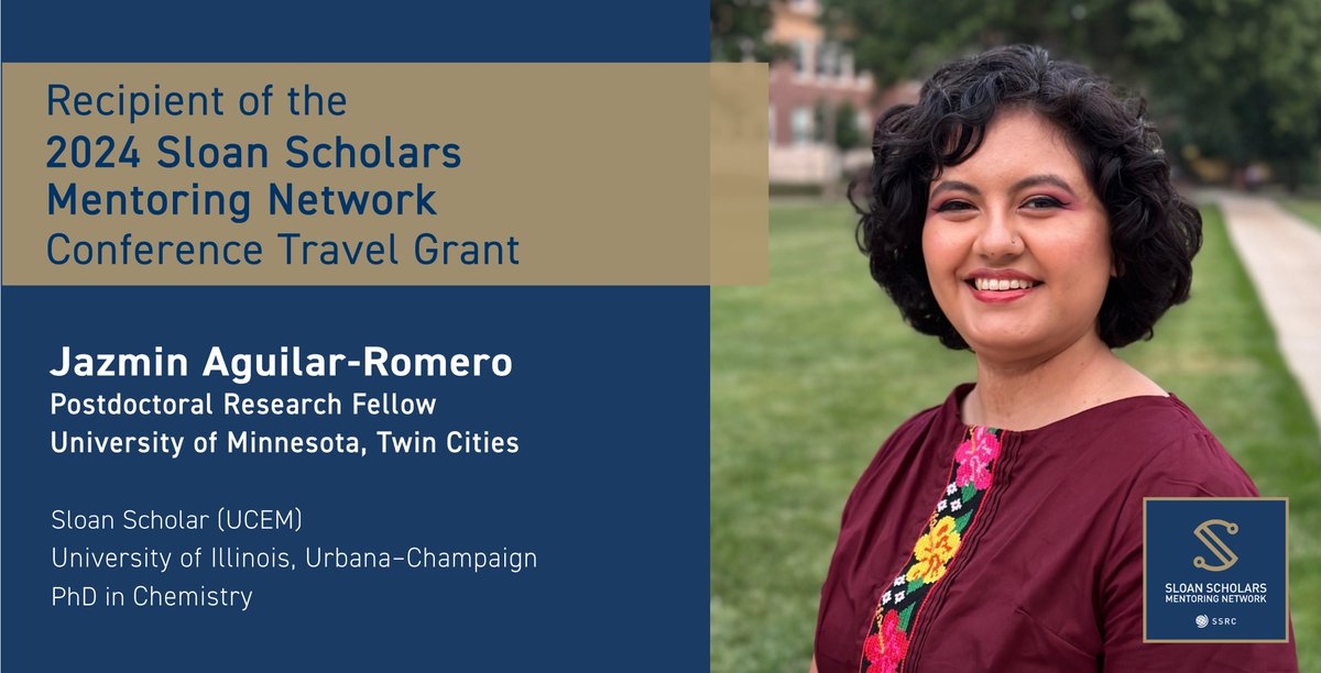 Sloan Scholars Mentoring Network (@sloannetwork) on Twitter photo #SSMNGrants spotlight: Dr. Aguilar-Romero (<a href="/JEAguilarRomero/">Jazmin Aguilar-Romero</a>) was awarded a 2024 Conference Travel Grant to attend the <a href="/SACNAS/">SACNAS</a> Postdoc Leadership Institute and #2024NDiSTEM conference.
🔎Sloan Scholar alumni can apply now for 2025 SSMN Grants! Learn more: sloan-scholars.ssrc.org/page/grants #SSMNGrants spotlight: Dr. Aguilar-Romero (<a href="/JEAguilarRomero/">Jazmin Aguilar-Romero</a>) was awarded a 2024 Conference Travel Grant to attend the <a href="/SACNAS/">SACNAS</a> Postdoc Leadership Institute and #2024NDiSTEM conference.
🔎Sloan Scholar alumni can apply now for 2025 SSMN Grants! Learn more: sloan-scholars.ssrc.org/page/grants