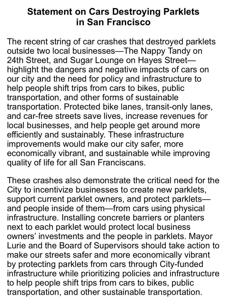 The recent car crashes that destroyed two businesses’ parklets highlight the negative impacts of cars on our city and the need for policy and infrastructure to help people shift trips from cars to bikes and public transit as well as physical infrastructure to protect parklets.