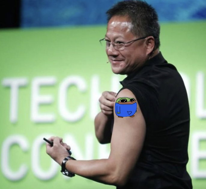 TB100x's tweet photo. Jensen Huang, CEO of Nvidia just got a $pep tattoo, and you aren't BULLISH? https://t.co/f1Atvo5U9K