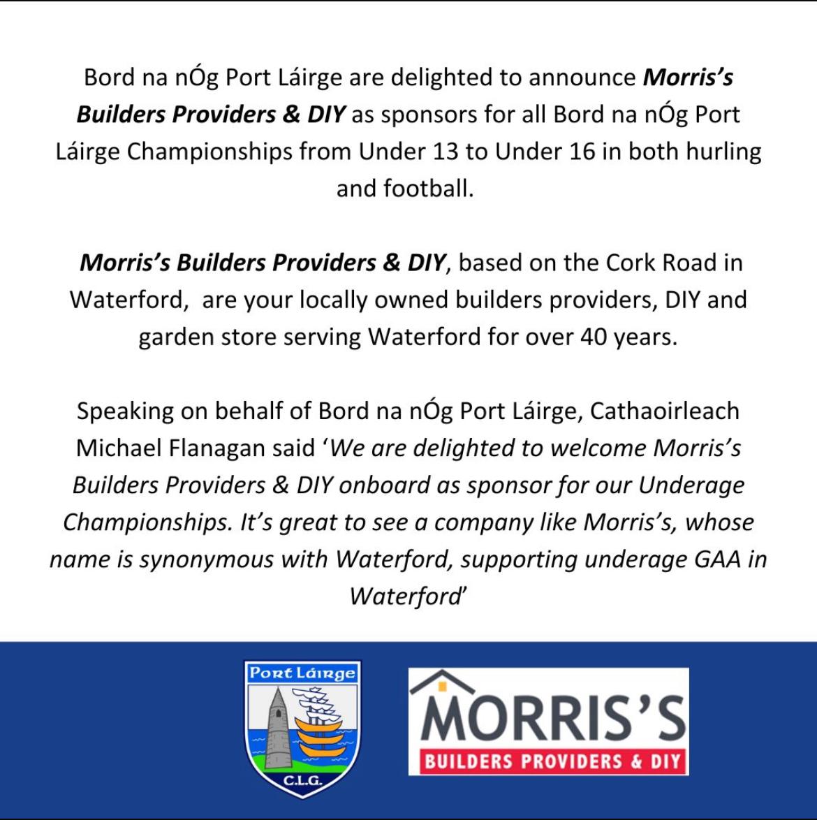 FÒGRA ✅⚪🔵🏑🏐👇

#BordnanÒg Portlàirge are delighted to announce a new sponsorship deal with <a href="/MorrisDIY/">Morris's Waterford</a> for our U-13, U-14, U-15, and U-16 Championships in both codes, <a href="/WaterfordGAA/">Waterford GAA</a> <a href="/west_waterford/">Waterford GAA West</a>
<a href="/EastDeiseGAA/">East Waterford GAA</a> <a href="/WaterfordGAACG/">Déise Óg Waterford</a> <a href="/wlrfm/">WLR</a> <a href="/conormulhall/">Conor Mulhall</a>

STATEMENT BELOW ⚪🔵👇