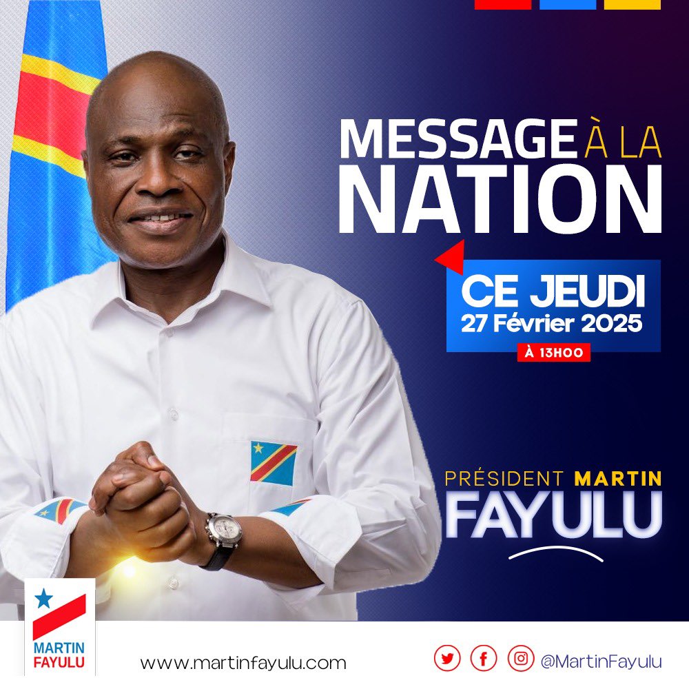 📢 COMMUNIQUÉ 

Le Président Martin Fayulu s’adressera à la nation ce jeudi.

📅 Date : Jeudi 27 février 2025
⏰ Heure : 13h00