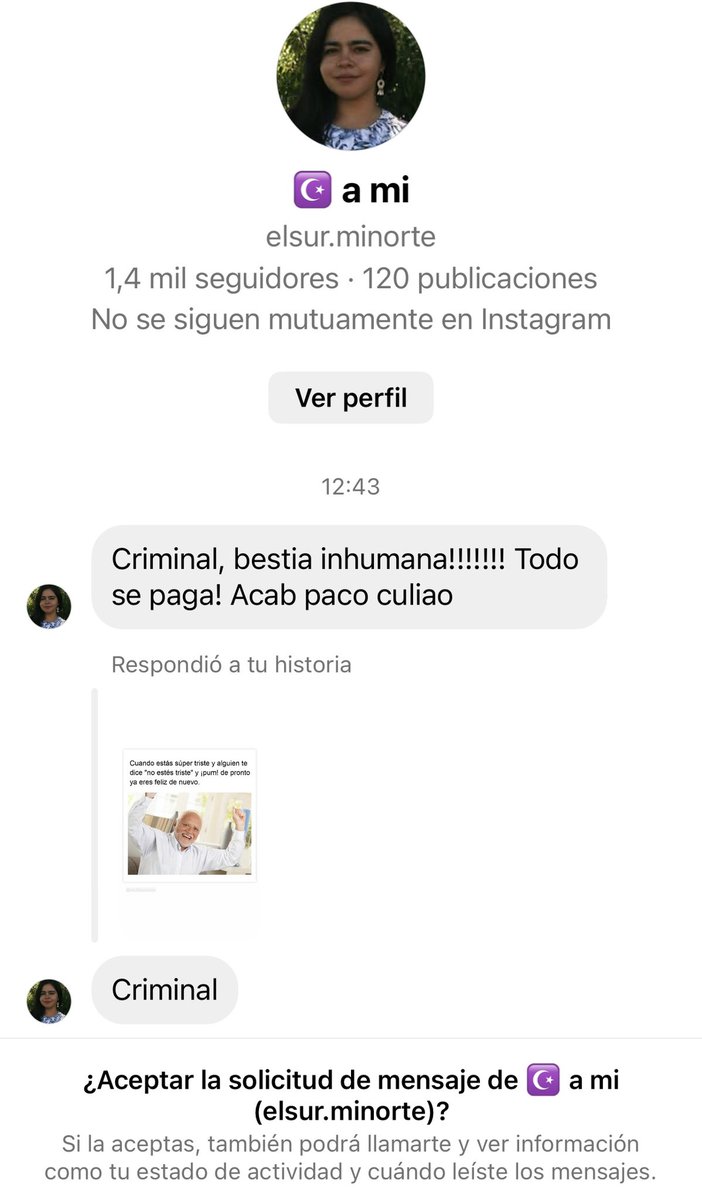 ClaudioCrespoG's tweet photo. Desde la publicación de lo resuelto por la Corte Suprema y debido a todas las publicaciones de los diputados de izquierda en mi contra, he recibido miles de mensajes ofensivos y  amenazas. 
Esta mujer me dejó este mje. en su cuenta de Instagram https://t.co/G5TCQzZhvu