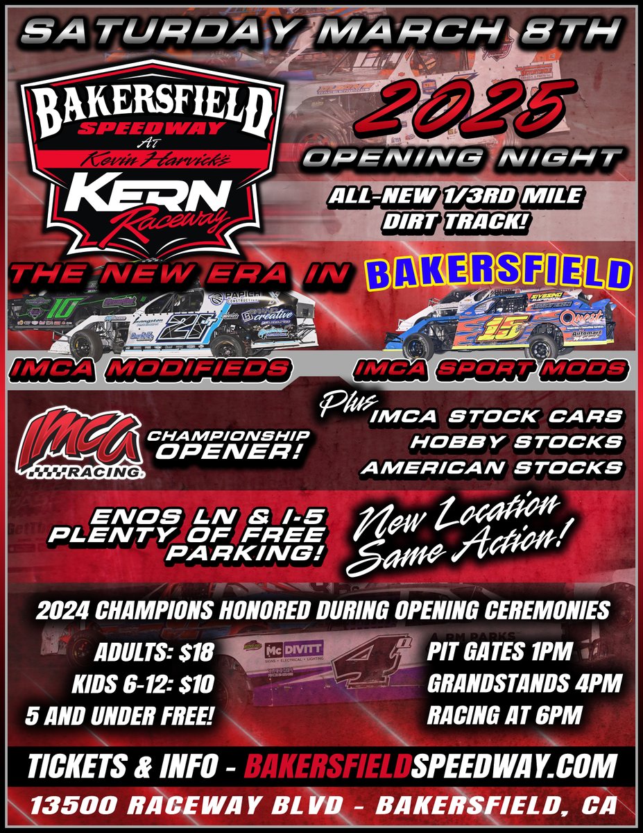 MARCH 8 SEASON OPENER TICKETS ON SALE FOR BAKERSFIELD SPEEDWAY AT KEVIN HARVICK’S KERN RACEWAY

shorttracklive.com/dirt-stock-car…