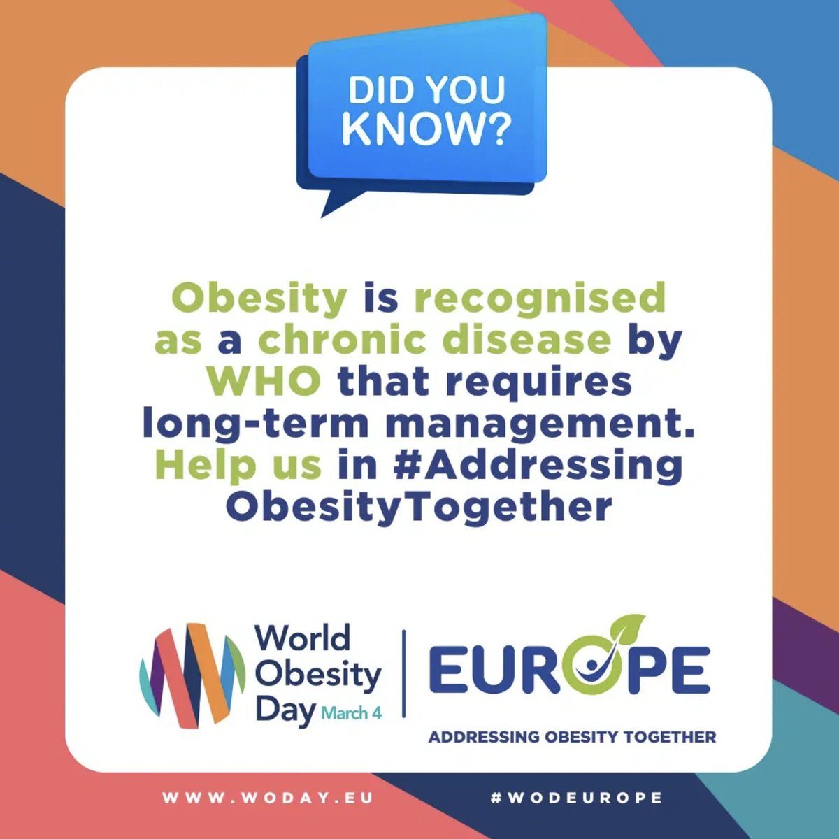 ➡️ Obesity is a chronic, relapsing disease and is a gateway to other NCDs, including cardiovascular diseases, renal disease, liver diseases and at least 13 types of cancer.

Join us on #WorldObesityDay, 4th March ➡️ addressing obesity together

#WOD2025 #WODEurope