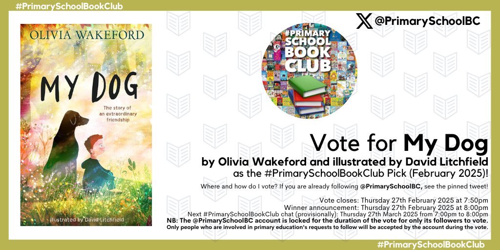 Not only is My Dog going to be out in the world tomorrow, its also it been included in #PrimarySchoolBookClub February 2025 vote this evening! Head to <a href="/PrimarySchoolBC/">#PrimarySchoolBookClub</a> &amp; vote for it using the pinned tweet! 

Published by <a href="/HarperCollinsCh/">HarperCollins Children's Books</a> &amp; illustrated by brilliant <a href="/dc_litchfield/">David Litchfield</a>