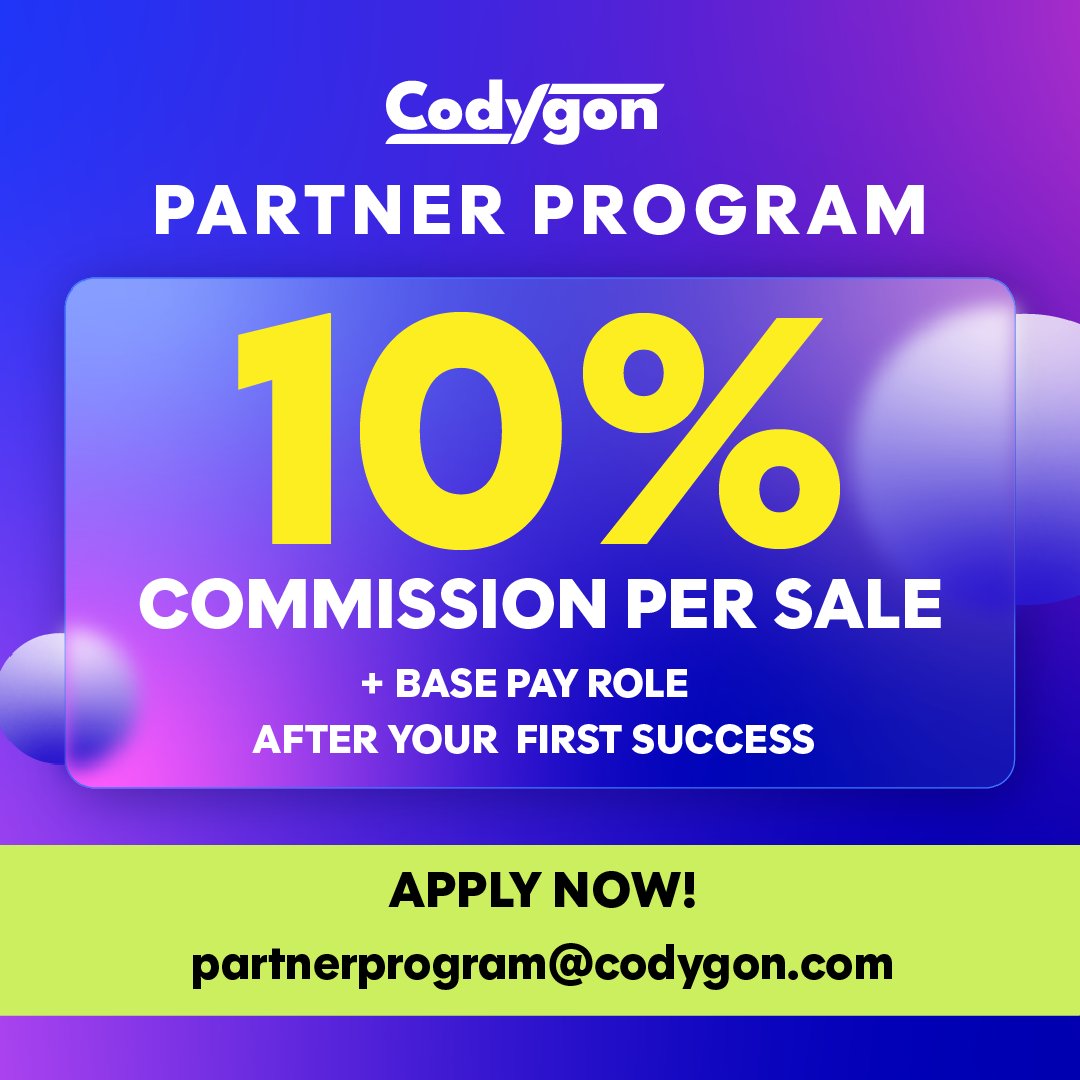 CodygonTech's tweet image. Introducing Codygon&apos;s Partner Program!
Where everyone wins!

At Codygon, we believe in creating value for everyone - our users, our partners, and the talented individuals who help us grow.