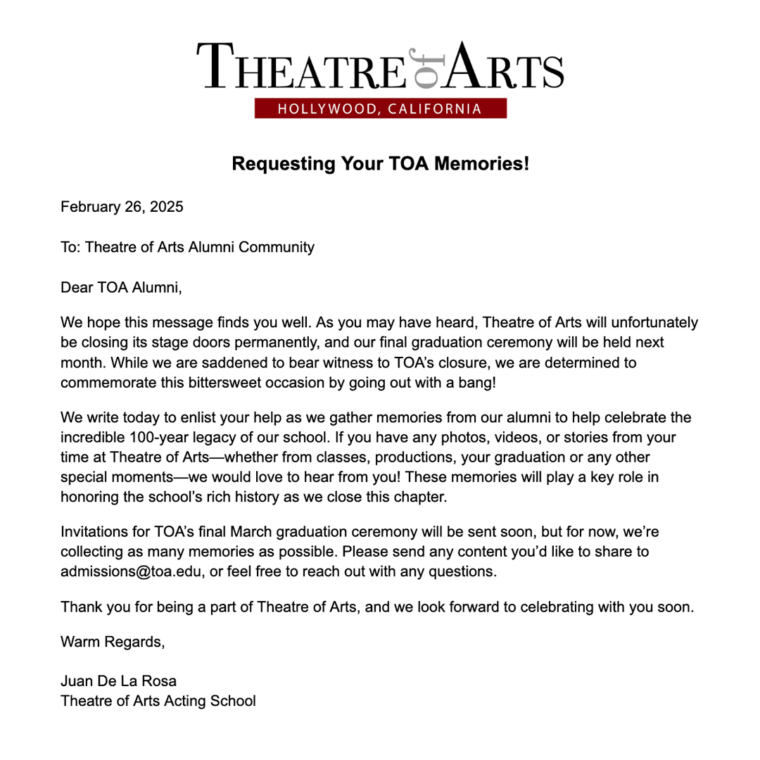 Calling All TOA Alums! Our final graduation ceremony will be in March. Please share your memories to help us make it special!🎭🎓❤️😢 #TOAforever #TOAfamily #TOAalumni #TOAHollywood