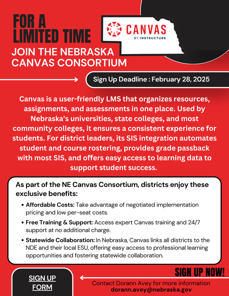 LAST CHANCE! Any Nebraska district that does not have the Canvas LMS for students, parents and teachers, the implementation sign-up window is open. More information in the flyer. <a href="/ESUCC/">ESUCC</a> <a href="/NDE_News/">NDE NEWS</a> #LMSLearning #Instructure