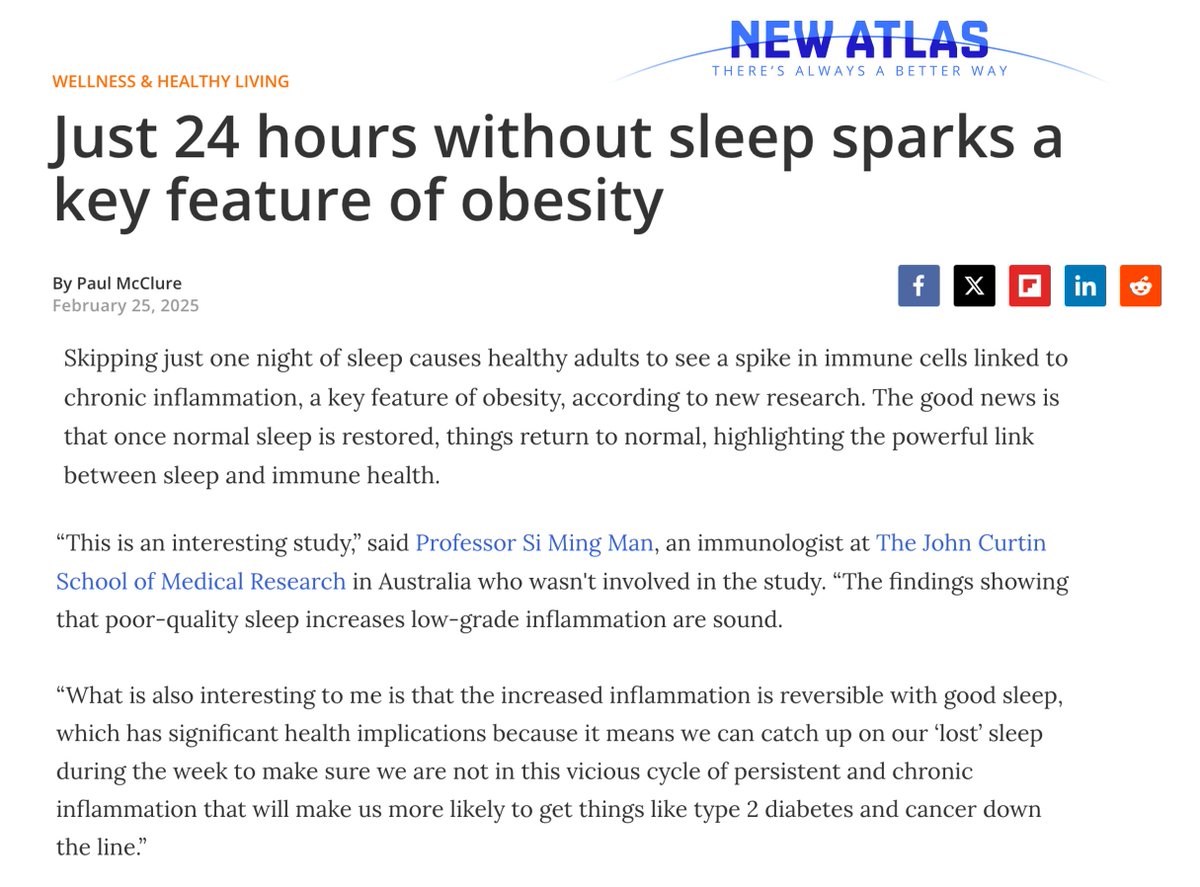😴Experiencing reddish eyes after a bad night of sleep? Read this news article by Paul McClure <a href="/nwtls/">New Atlas</a> on bad sleep/inflammation/potential complications. Good news is this is totally reversible, so catch up on your sleep during the week and stay healthy.
newatlas.com/health-wellbei…