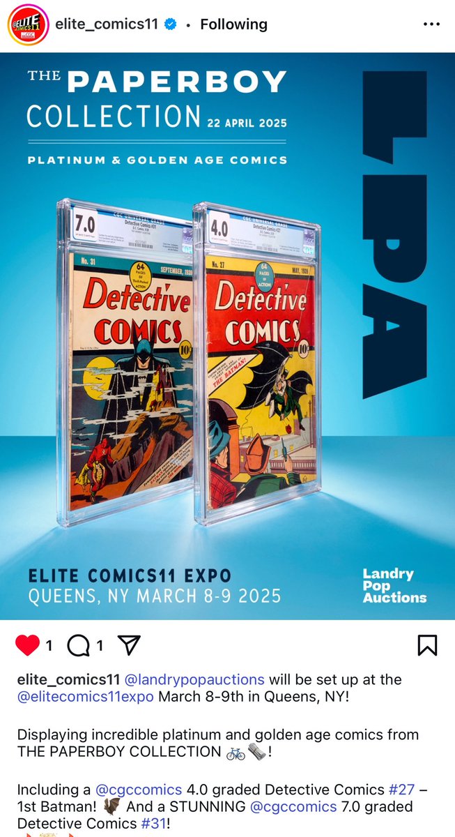 Comics & Crypto (@comicsandcrypto) on Twitter photo 🚨BREAKING🚨
During the <a href="/elite_comics11/">Elite_Comics11 ⭕️</a> EXPO next month in New York, hundreds of comic collectors and thousands of comics will be present, along with these 2 grails:
- Detective Comics #31 CGC 7.0
- Detective Comics #27 CGC 4.0
Back in November 2024, a 0.5 grade of 🚨BREAKING🚨
During the <a href="/elite_comics11/">Elite_Comics11 ⭕️</a> EXPO next month in New York, hundreds of comic collectors and thousands of comics will be present, along with these 2 grails:
- Detective Comics #31 CGC 7.0
- Detective Comics #27 CGC 4.0
Back in November 2024, a 0.5 grade of