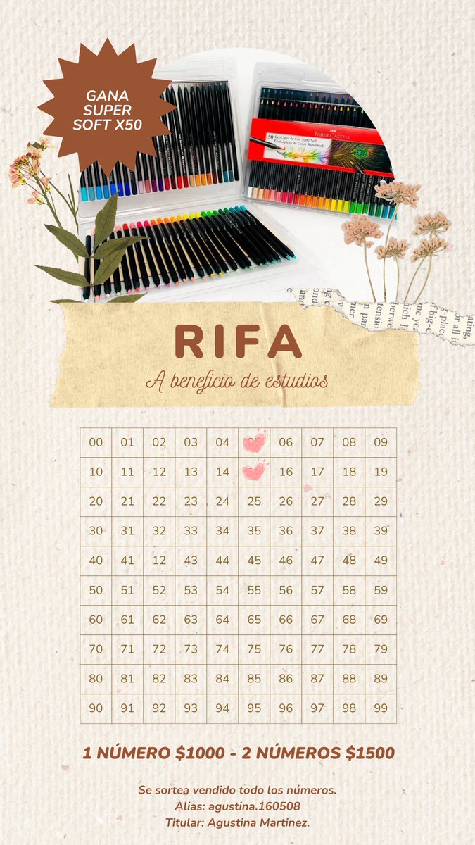 Holis, ando siendo una rifa / sorteo de lapices de colores faber castell super soft x50 por motivos de estudios, disponible solo para Argentina. me ayudan con la compra de un numerito :) #rifa #Argentina #sorteo #vueltaclases #fabercastell #utilesescolares #arg #compartir #ayuda