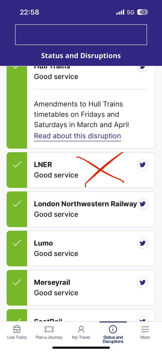 haroldraitt's tweet photo. @LNER: if @nationalrailenq can provide at least partial data on trains running at least 1 hour late north of Grantham, why do you claim your service is “normal” on the links you provide on your tweet? https://t.co/U8yHQvAOlj