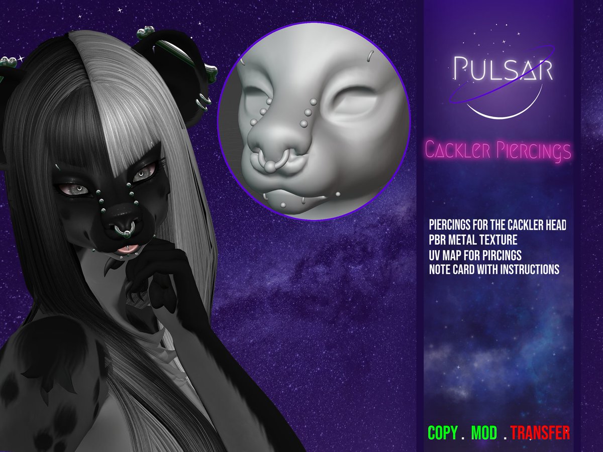 "Got the adorable Cackler head and craving some stylish piercings?
Look no further! ✨marketplace.secondlife.com/p/Pulsar-Cackl…✨"