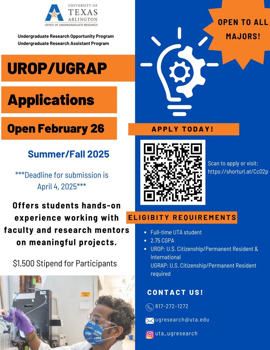 🚀 UTA Students! UROP &amp; UGRAP apps open Feb 26 for Summer/Fall 2025!

✅ Hands-on research with faculty &amp; mentors
💰 $1,500 stipend
🎓 Open to ALL majors
📅 Apply by April 4: shorturl.at/Cc02p
📩 Questions? ugresearch@uta.edu | <a href="/uta_ugresearch/">Office Of Undergraduate Research</a>
#UTAResearch #UTAmavs