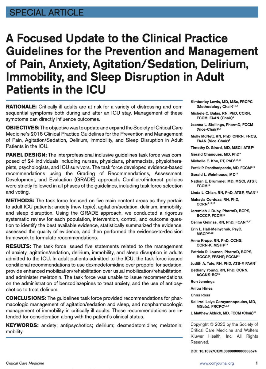 Critical Care medicine clinical practice updates 

1. Insufficient evidence to recommend benzos for anxiety 

2. Use dexmedetomidine over propofol for light sedation

3. Unable to recommend antipsychotics for delirium

4. Suggest enhanced mobilization over usual care

5. Use